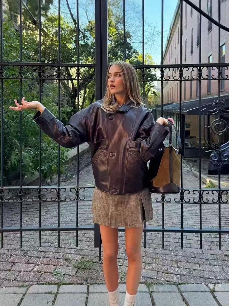 European & American Women's Casual Lapel Leather Jacket Coat - Fashionable Cross-Border Style