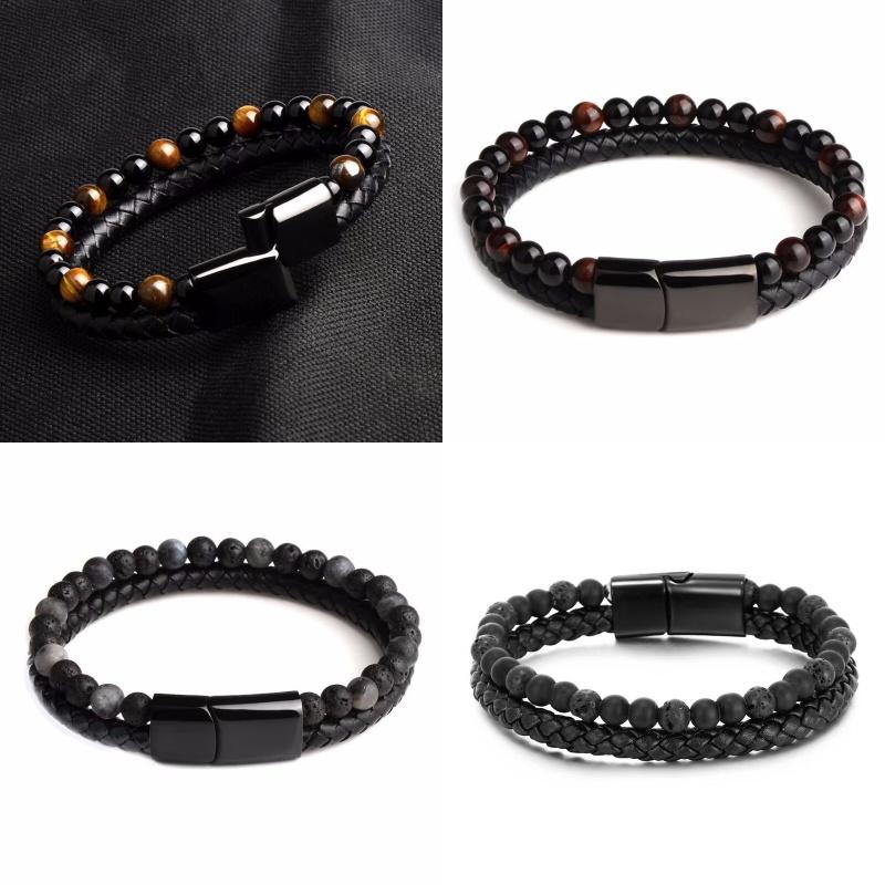 Men Double 21cm Layered Volcanic Stone Beaded Bracelet Alloy Clasp Leather Faux