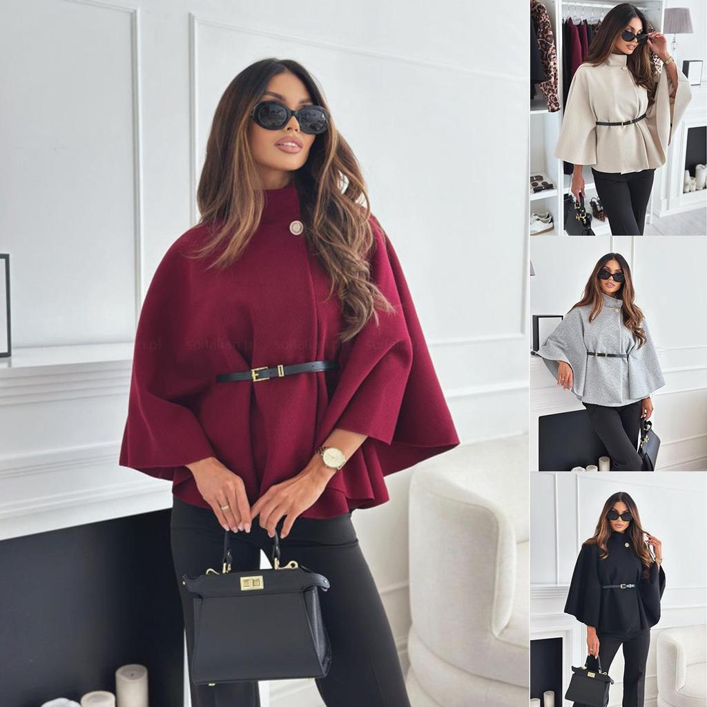 New 2024 Women's Winter Fashion Woolen Waist-Tie Cape Coat