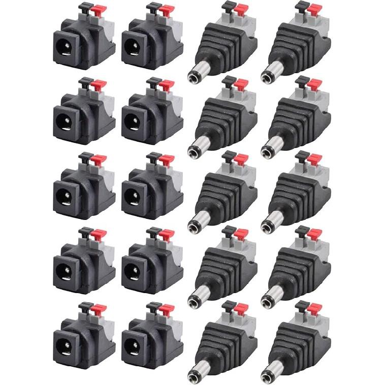 JacobsParts Male DC Barrel Power Plug Screw-on Wire Connector 5.5mm x 2.1mm for 12V/24V LED Strip and Electronics (10 Pack)