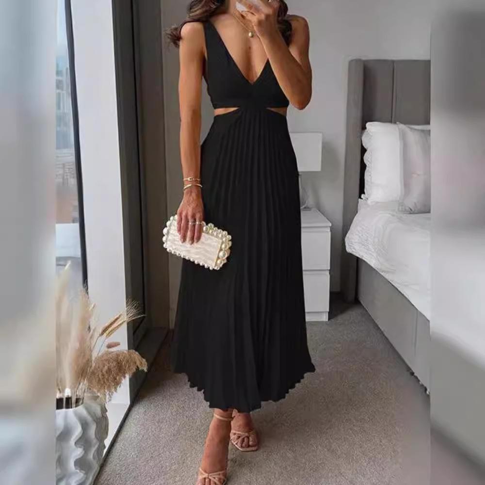 2024 Summer Elegant V-Neck Sleeveless Backless Pleated Dress for Women