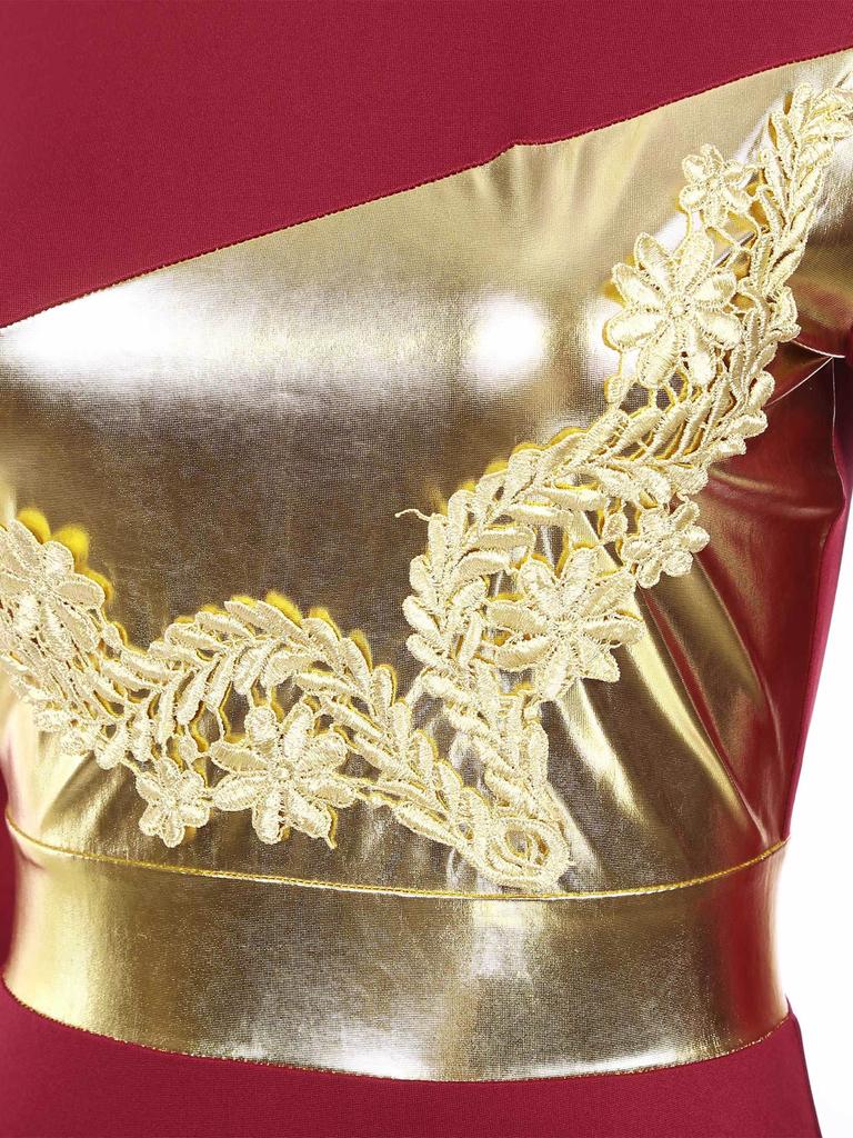 Womens Liturgical Praise Dance Dress Metallic Shiny Color Block Mock Neck Long Sleeve Applique Worship Costume