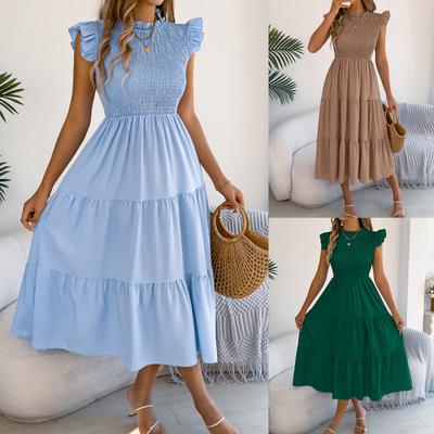 Women's Ruffle Trim Smocked High Waist Midi Dress A Line Tiered Casual Summer Sundress