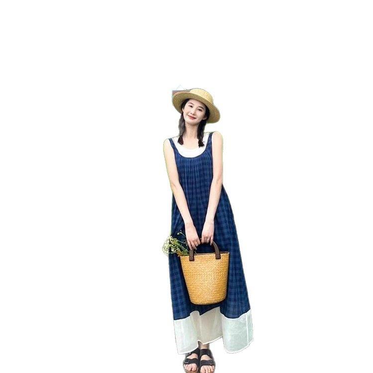 College style blue plaid suspender skirt Thai cool spicy women's summer new blue vest sleeveless dress trendy