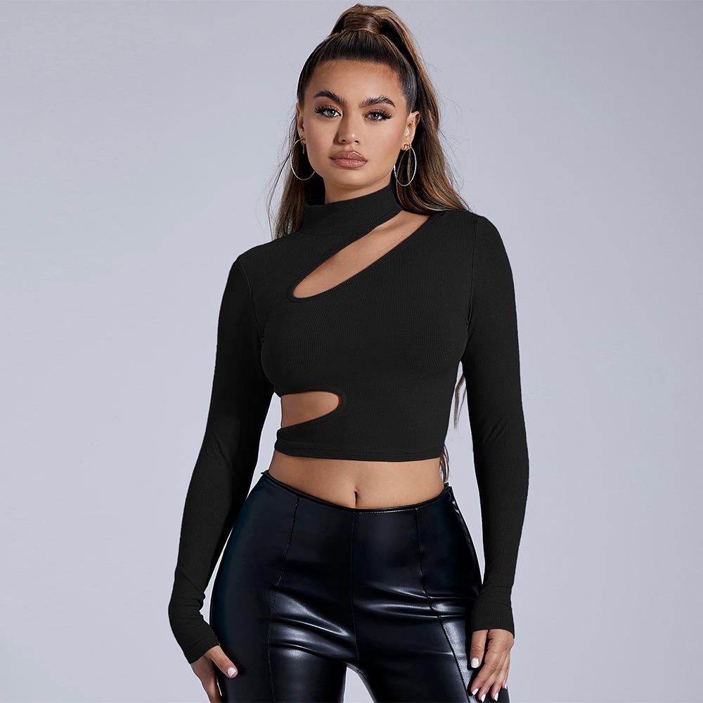 Women's 2024 Autumn/Winter Black Semi-High Neck Long-Sleeve Sexy T-Shirt