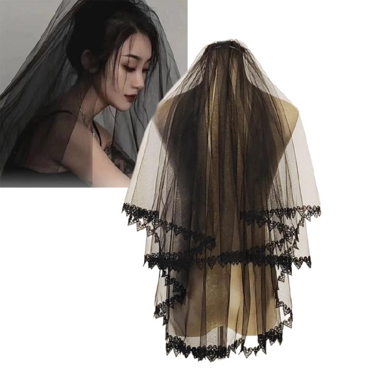 Bröllopstyll Brud Flerskiktad Slöja med Spets Hjärtformad Kant Elegant Brudtärna Slöja