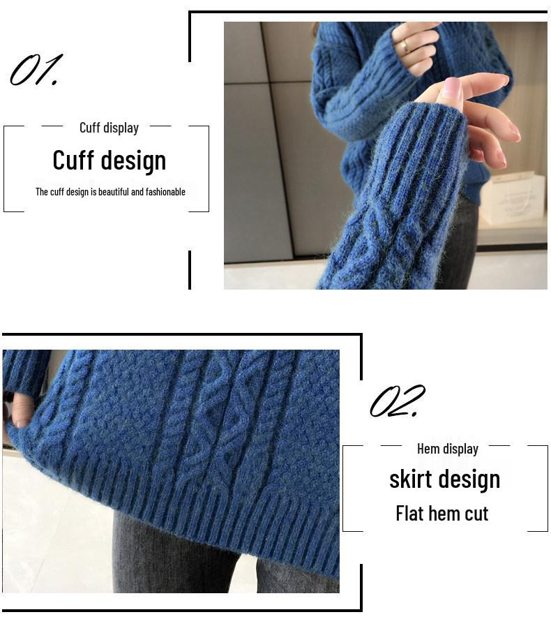 Women's High-Neck Cable Knit Sweater, 2021 Loose Fit Korean Style for Autumn and Winter