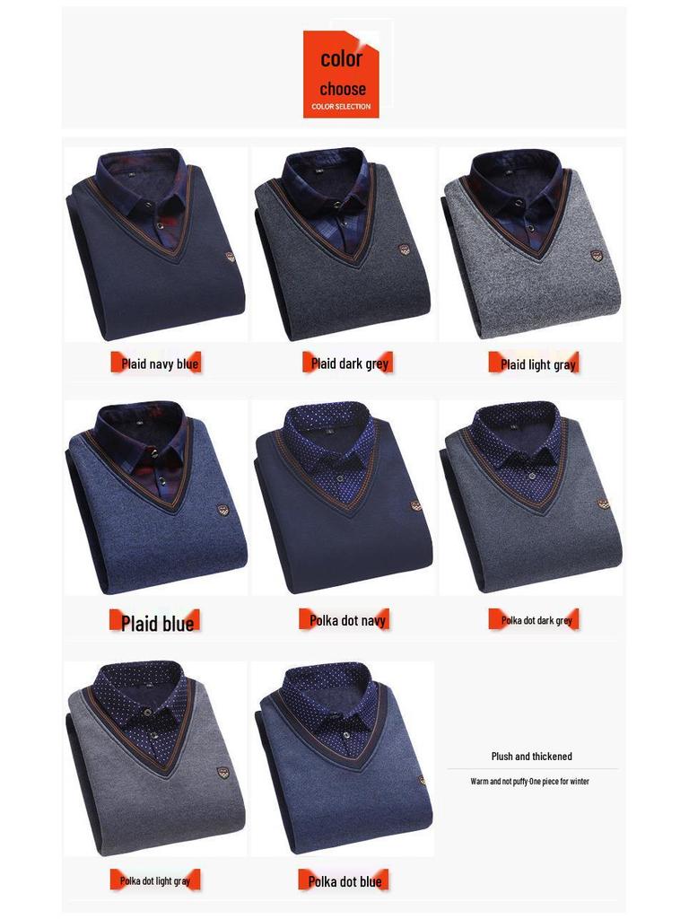 Middle-aged Men's Warm Knitted Sweater - Fake Two-Piece, Plus Velvet, Thick Long Sleeve Winter Outfit for Dad