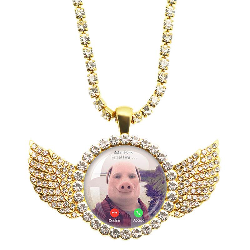 

John Pork Is Calling Answer Call Phone Humor Funny Pig Lover Graphic Angel Wings Pendant Necklace Jewelry Gift