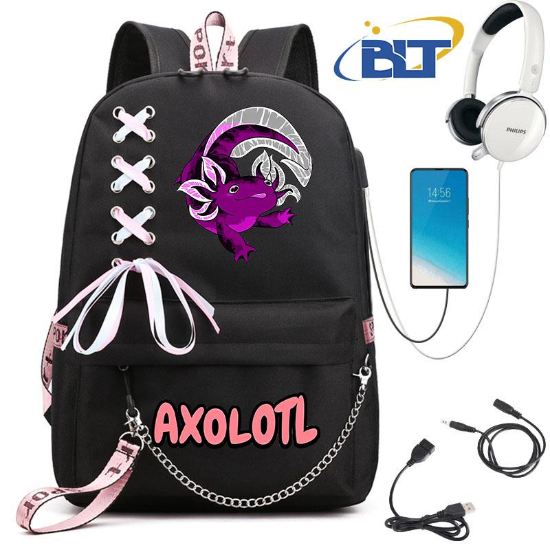 Cute Axolotl Printed Student Schoolbag for Girls Black Backpack Usb Kids Casual Bag Back To School Gift