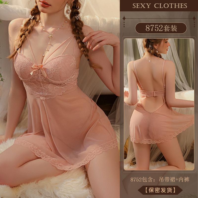 Erotic Lingerie, Sexy Halter Lace Seductive Steel Ring Gathering Deep V Nightgown, Hot See-through Pajamas 8752