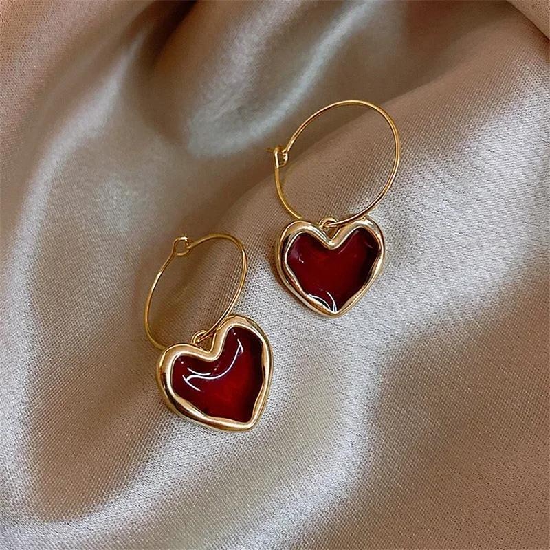 Wine Red Heart-shaped Earrings for Women Simple Temperament Versatile Personality Earrings Niche Jewelry Accessories Earrings