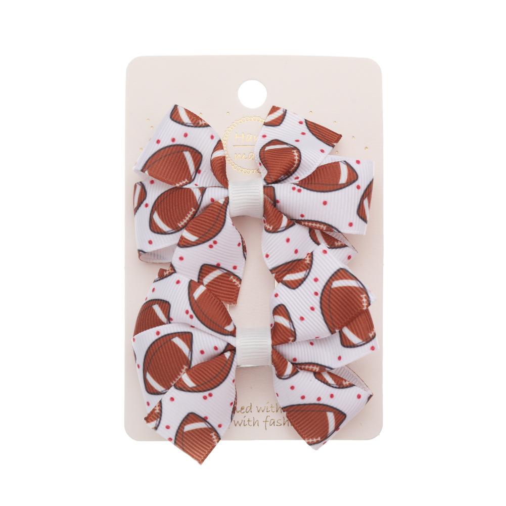 2Pcs/Set Cute Football Softball Baseball Football Bow Hair Clip for Baby Girl Fully Covered Non Slip Ribbon Hair Pins