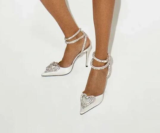 Fashion Glitter Rhinestones Women Pumps Crystal Heart Shape Buckle Summer Lady High Heels Party Fashion Prom Shoes
