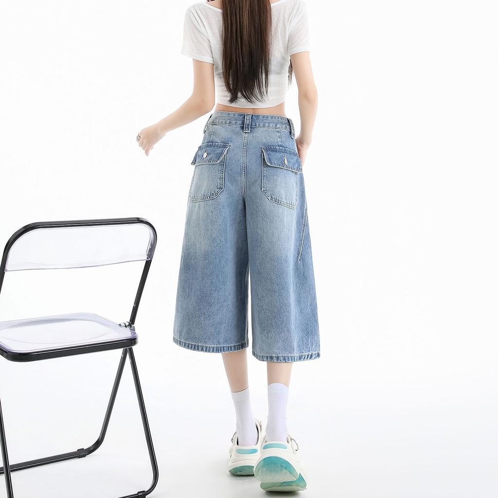 Modische Petite-freundliche gerade Denim-Capri-Hose für Damen Sommer Locker Weiter Bein High Street Schlankmachend Vielseitig Freizeitkleidung