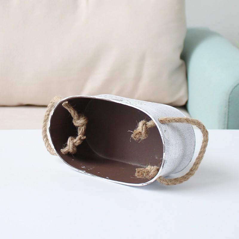 Ovaler Blumentopf aus Metall im Vintage-Stil mit Hanfseil für Sukkulenten und Grünpflanzen