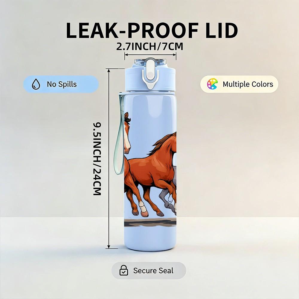 1PC Two Running Horse Print 750ml Color Plastic Sports Water Bottle Leakproof Flip Straw Lid Suitable for Sports Office Home Use