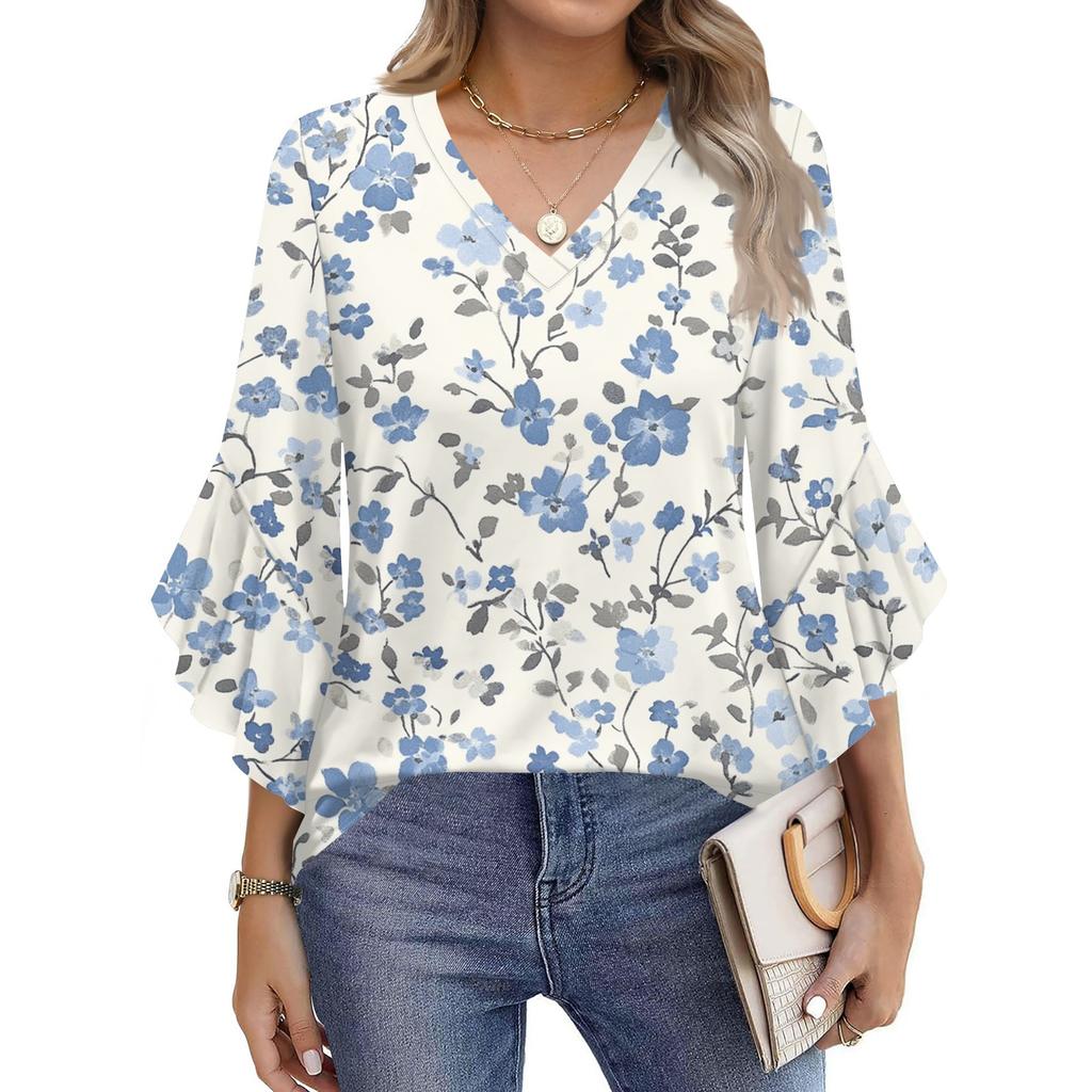 Blouses For Women Dressy Casual 3/4 Length Sleeve Womens Tops V Neck Tshirts Shirts With Flared Sleeve