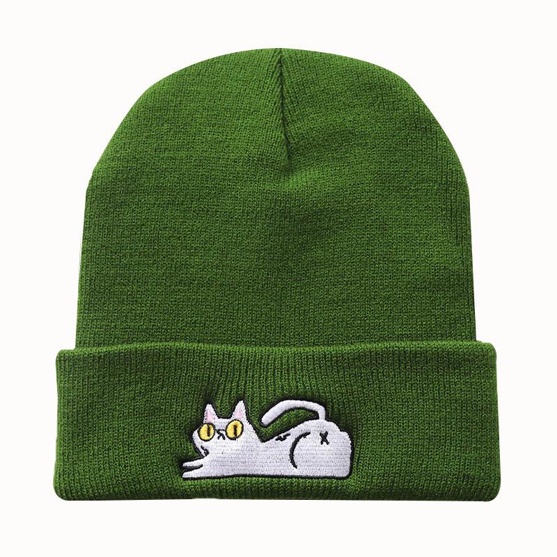 Cute lazy cat embroidered knitted hat for male and female students, warm pullover hip-hop beanie
