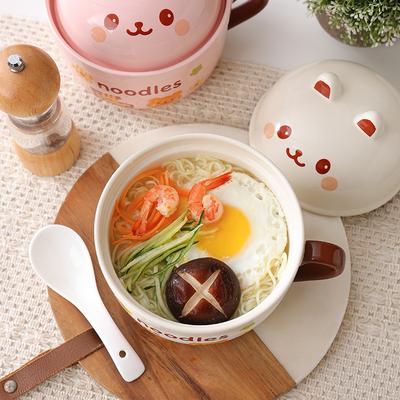 Ceramic Instant Noodle Bowl with Lid Spoon Soup Bowl Microwave Oven Student Dormitory Rice Bowl Instant Noodle Bowl Office Worker Bento Box