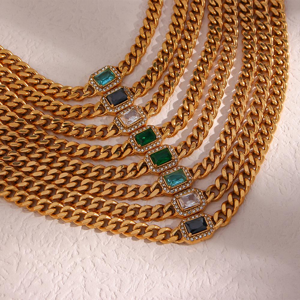 MamacitaSlay High Quality Gold Plated Cuban Chain AAA Zircon Necklaces Bracelets Stainless Steel Waterproof Jewelry for Women