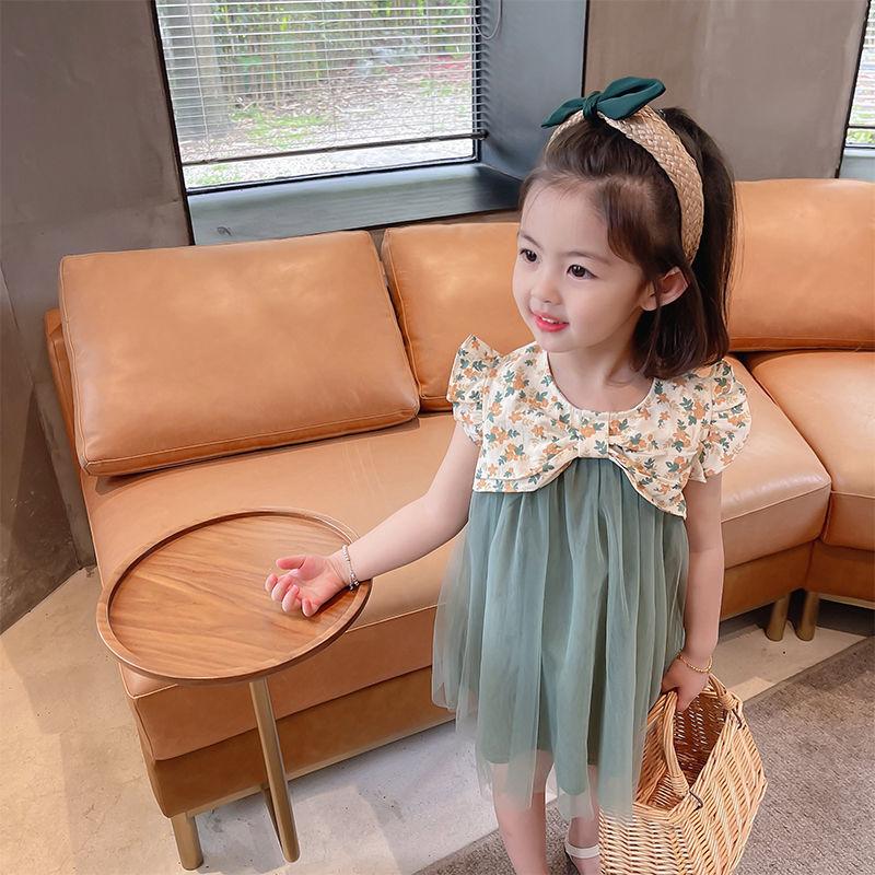 Children Dress Girls Summer Dress Korean Princess Dress Mesh Dress Sleeveless Loose Floral Bow Ruffle Dress