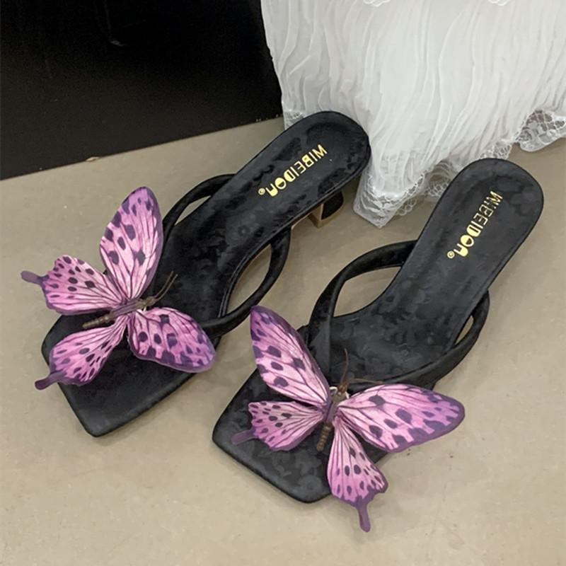 Fashion Elegant Butterfly Decorative Design Slippers Women Fashion Narrow Band Clip Toe Slide Sandals Concise Comfort Beach Flip Flops