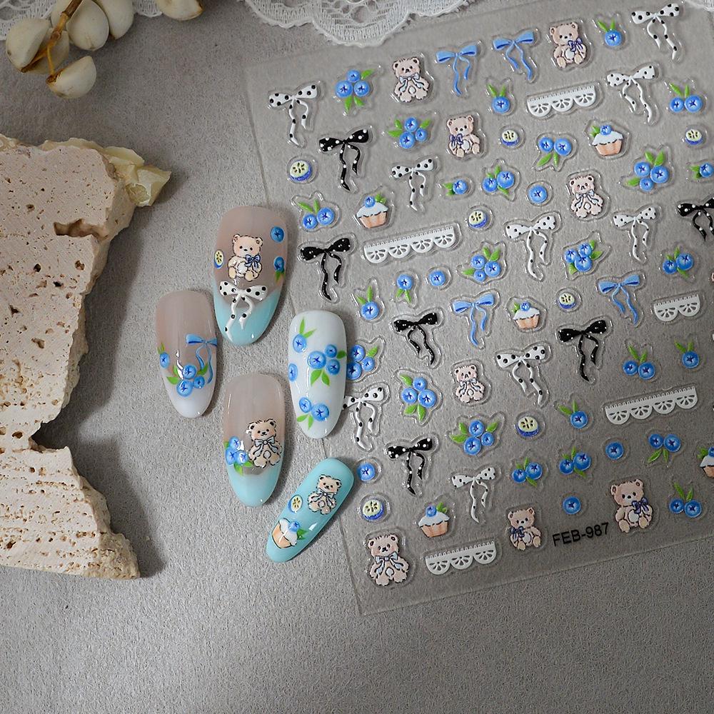 Soft & Cute Girl Style Nail Art Stickers - Cartoon Bear, Blueberry Cake, Polka Dot & Bow Decor