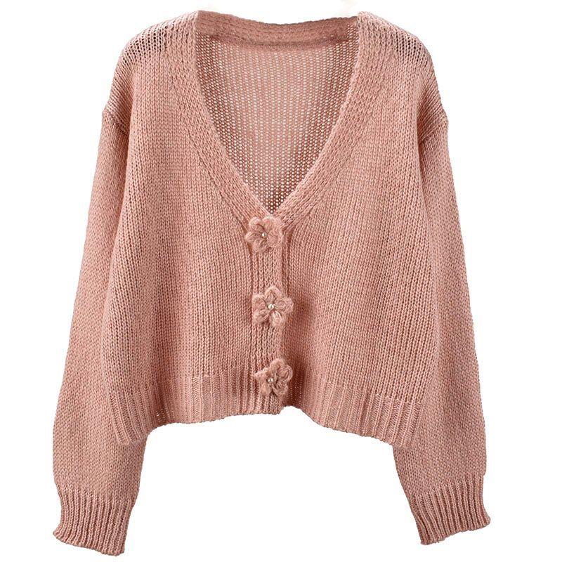Gentle Stylish Woven Flower Pearl Buckle Knitting Sweater Cardigan Coat Loose Short Long Sleeve Autumn Women