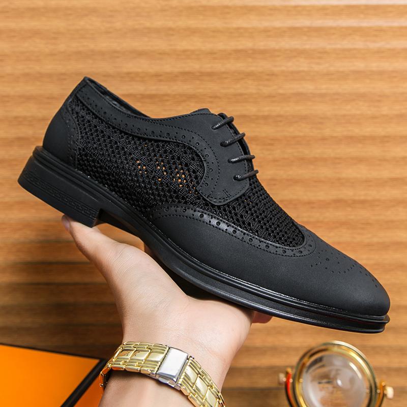 New Men's Fashion Breathable Air Mesh Patchwork Lace Up Oxford Leather Shoes Wedding Prom Homecoming Footwear Zapatos Hombre