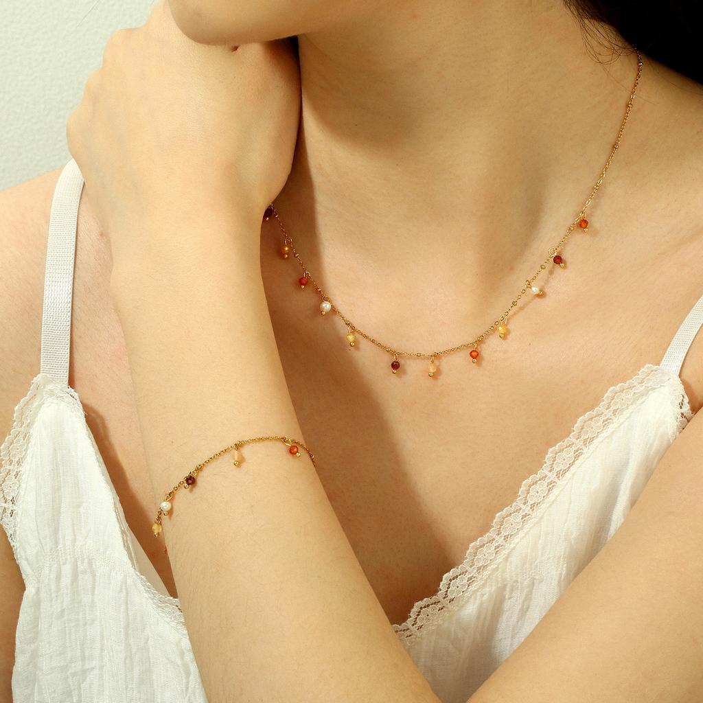 Women 18k Gold Plated Colorful Natural Stone Tassel Clavicle Necklace