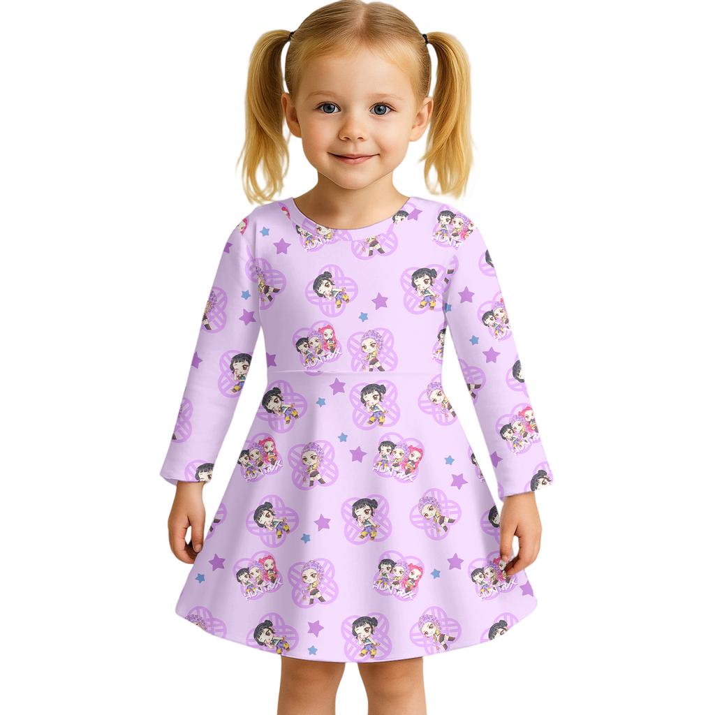 Kids Girls Casual Daily Dress Cute Cartoon Print Long Sleeves Dance Wear Princess Dress  2-12 Years