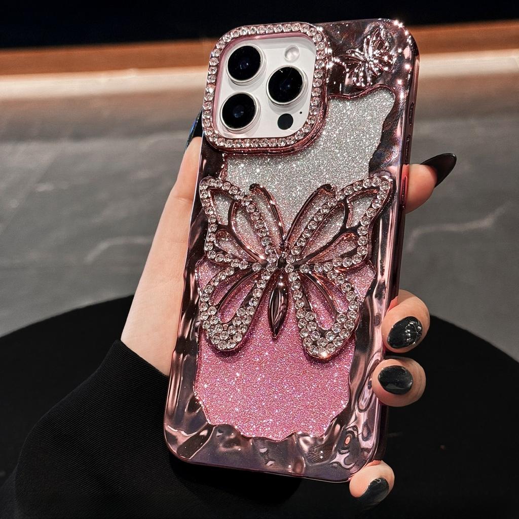 Luxury Electroplated Glitter Butterfly Phone Case For iPhone 17 11 12 13 14 15 16 Pro Max Plus Soft Hollow Out Bumper Back Cover