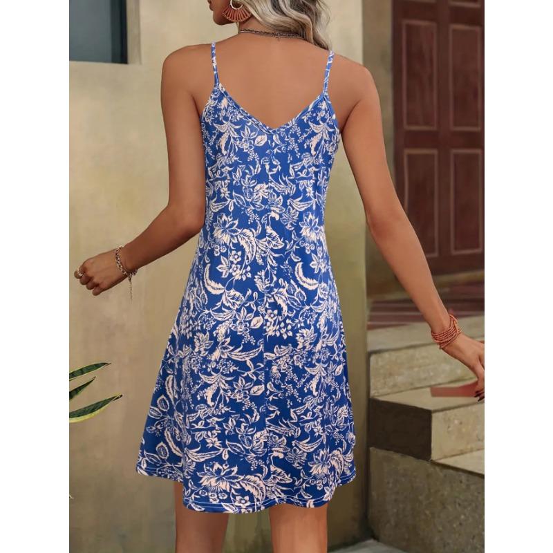 Women's Summer Outfits Plant Print Spaghetti Strap Dress Fashion Vacation Dress