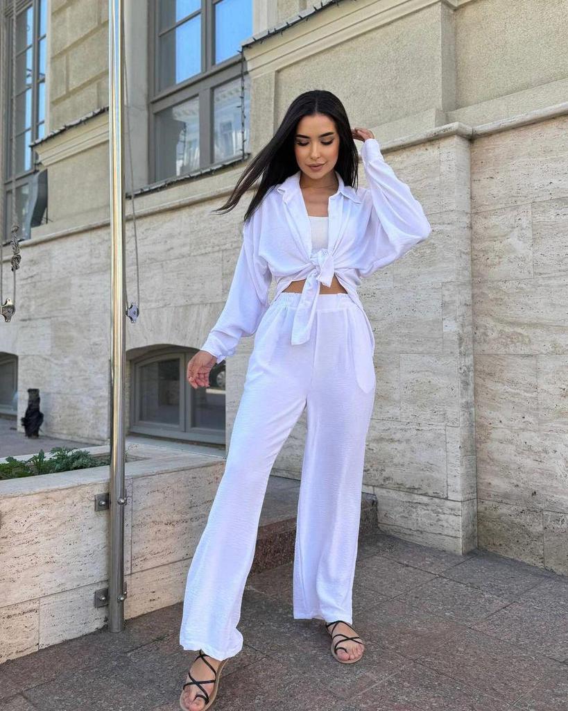 2024 European & American Style Autumn Solid Color Lapel Long Sleeve Shirt & Casual Pants Two-Piece Set