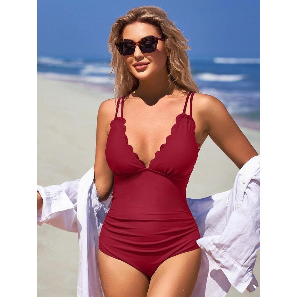 CHARMLEAKS Scalloped One Piece Swimsuit Women Ruched Tummy Control Bathing Suit Cut Out Monokini Swimwear