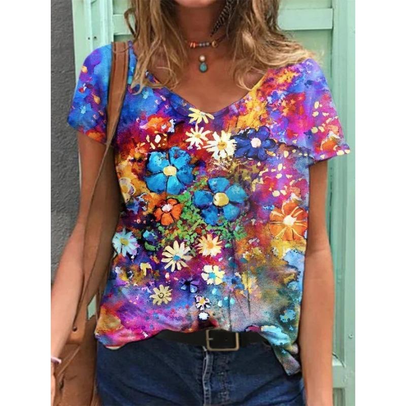 

Women s T-Shirts Color Floral Flower 3D Print Summer V-Neck Short Sleeve T Shirt Y2K Tees Oversized Harajuku Top Female Clothing S