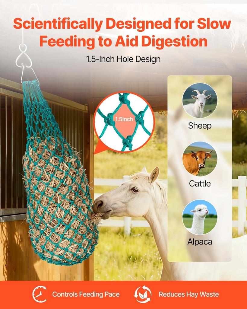 Hay Nets for Horses, 4PCS, 0.9 m Extended Length, 38 x 38 mm Holes, PE Material, with Four Carabiner Hooks, Hanging Slow Feed Hay Nets for Horses,