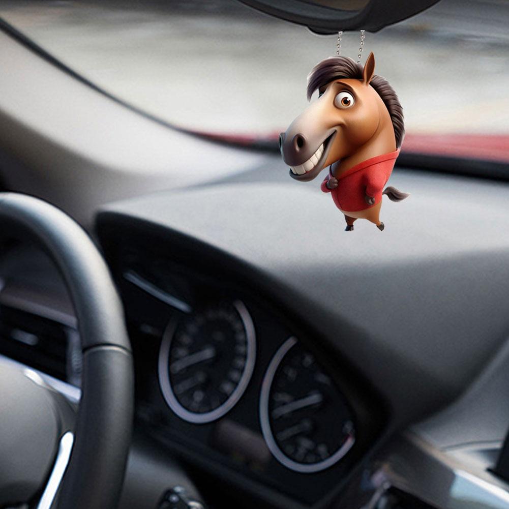 2D Funny Big Mouth Horse RearView Mirror Pendant Auto Interior Car Realistic Animal Hanging Ornament Car Interior Accessories