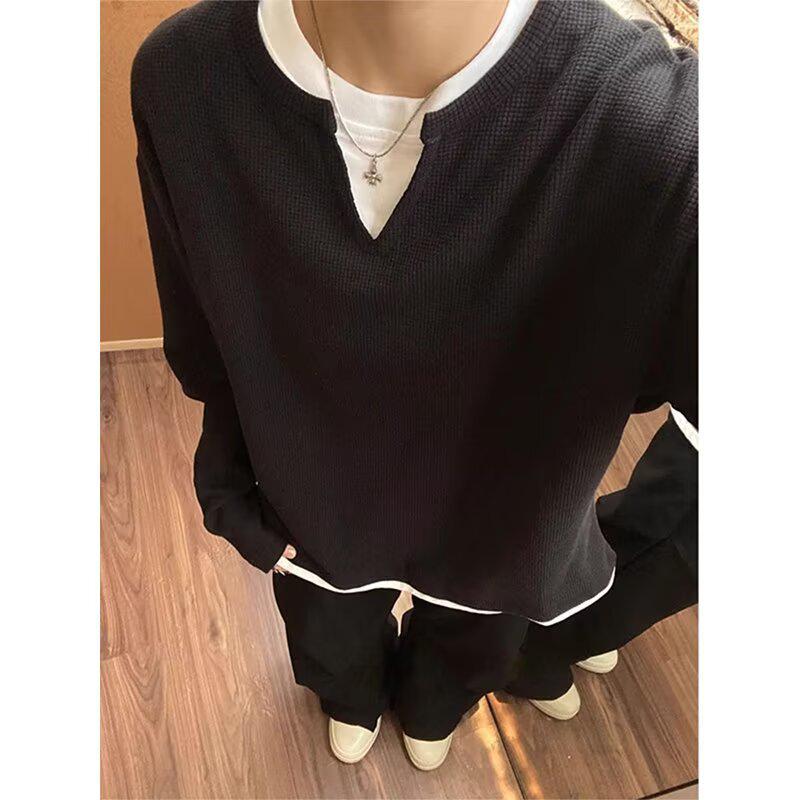 Gray Faux Two-Piece Men s Retro Long-Sleeve Round Neck Sweatshirt 2XL