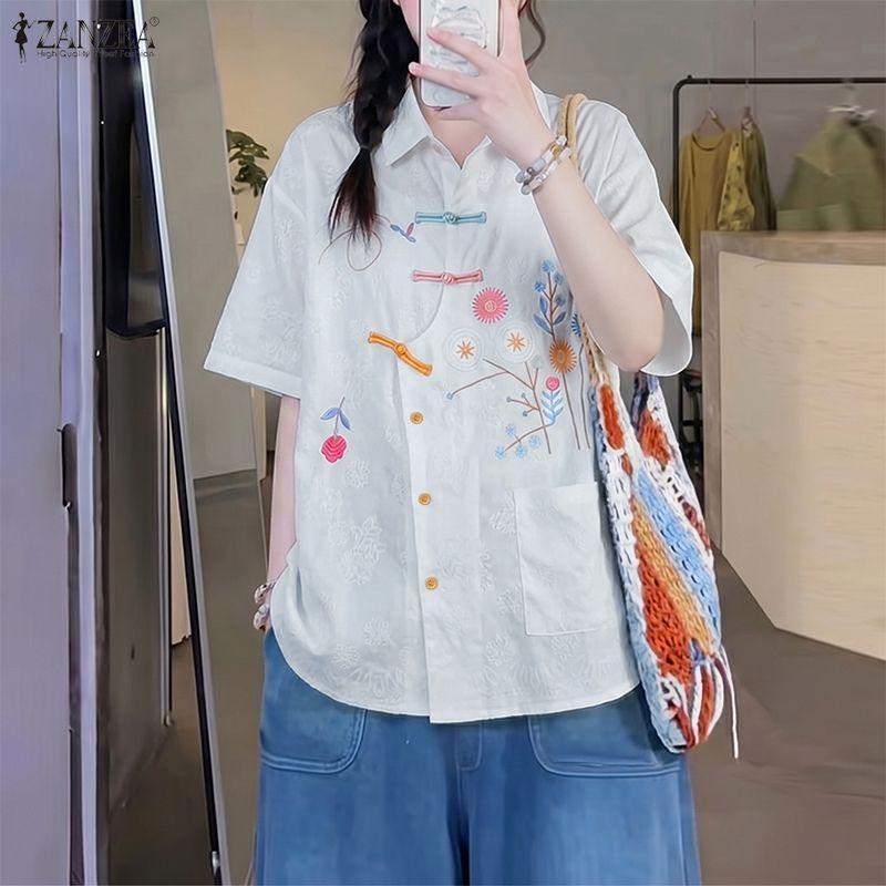 ZANZEA Women Casual Turn Down Collar Loose Short Sleeve Floral Print Blouse