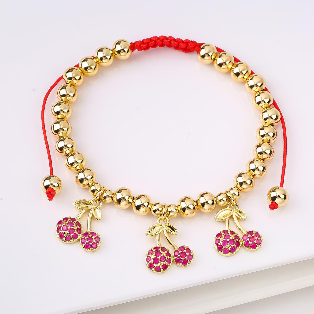 Hot Sale Cute Cherry Strawberry Pendant Copper Bead Chain Bracelet High Quality Crystal Zirconia Fruit Jewelry For Daily Wear