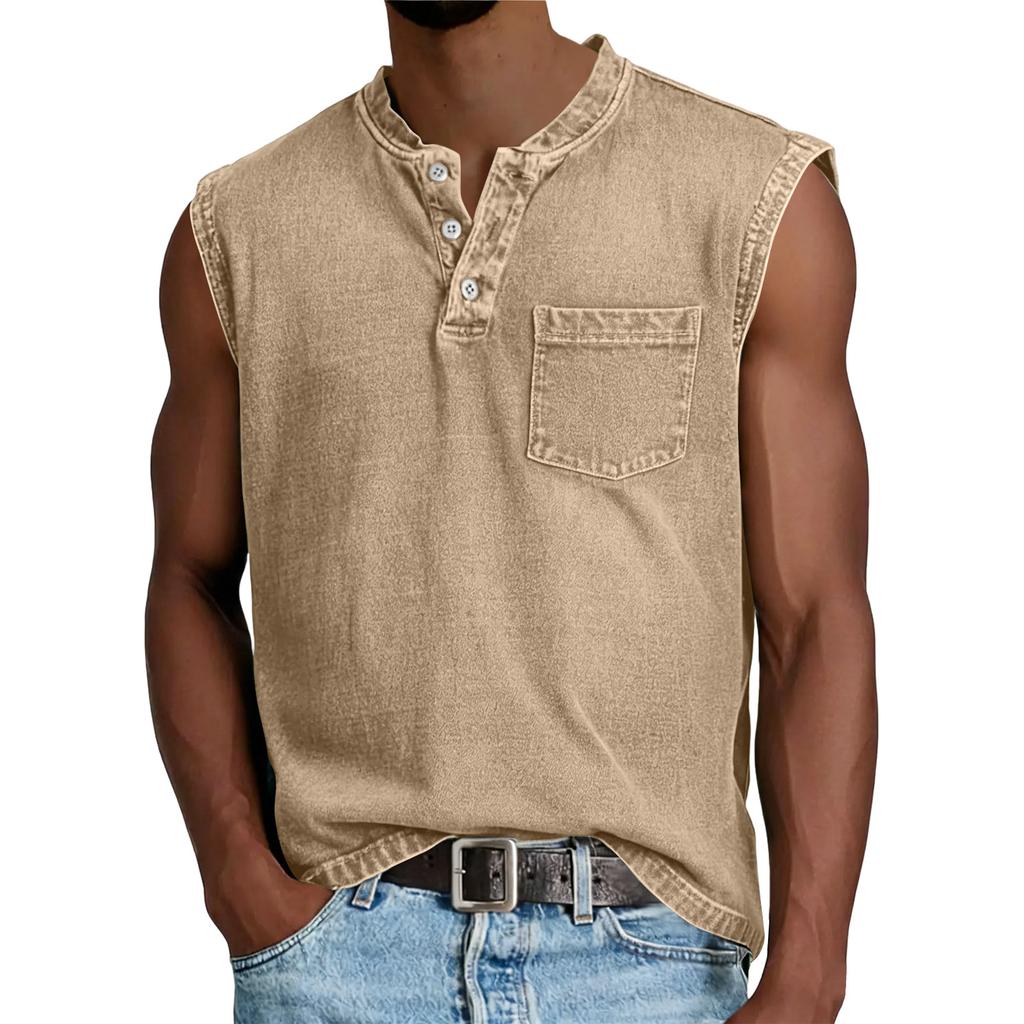 Canotta da uomo senza maniche in cotone con tasca, vestibilità casual rilassata, stile Henley, maglia sportiva per muscoli, per l'uso quotidiano