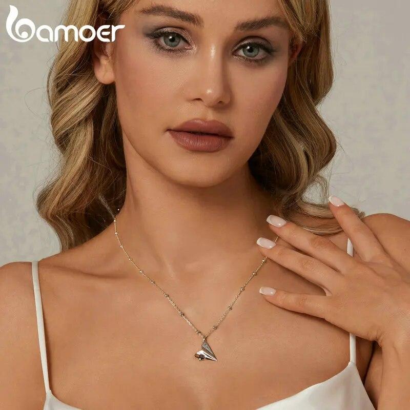 BAMOER 925 Sterling Silver Heart Origami Paper Airplane Necklace, White Gold Plated Simple Triangle Paper Airplane Necklace for Women Couple