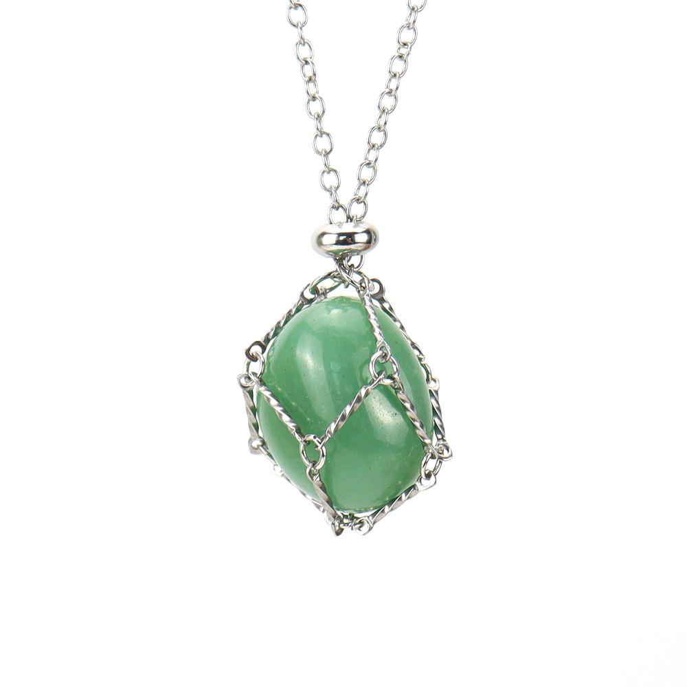 Stainless Steel Metal Bamboo Braided Mesh Prison Cage Pendant Natural Crystal Rough Stone Necklace Adjustable N700