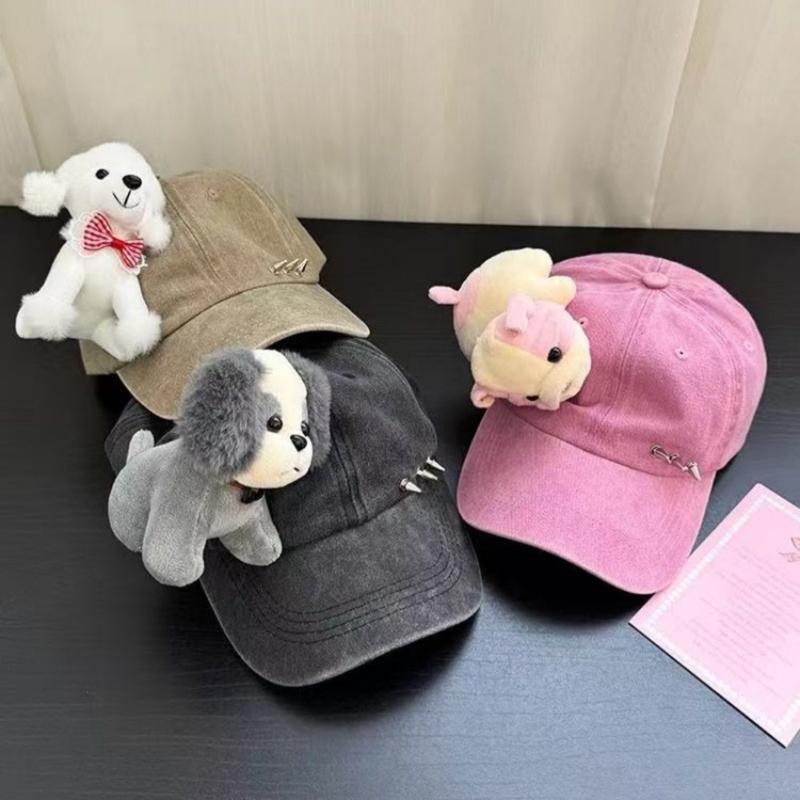 Adjustable Cotton Baseball Cap With Cartoon Dog Design And Rivet Studded For Women Casual Wear Fashion Accessories