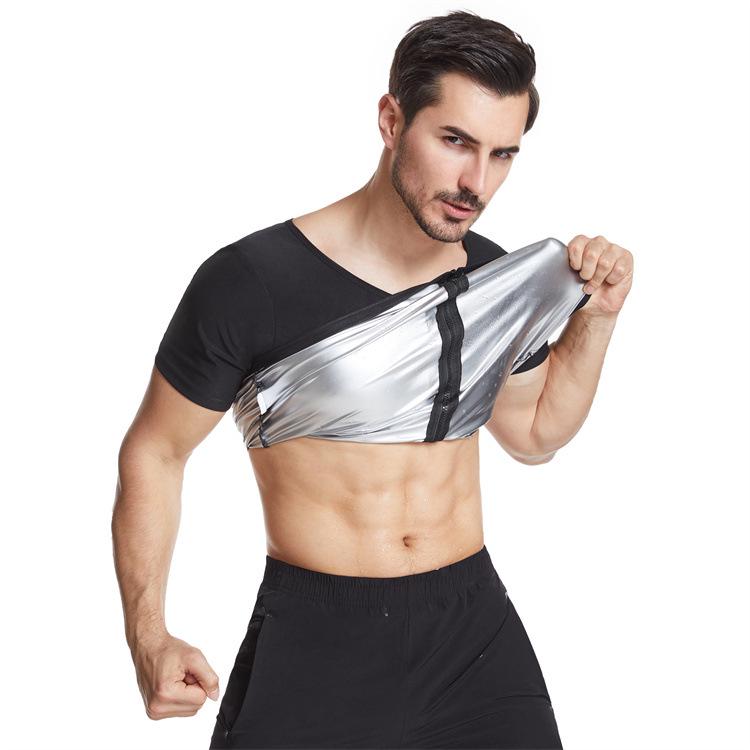 Men's Silver-Coated PU Sauna Suit: Body Shaper Sweat-Inducing Tight-Fit Short-Sleeve Vest for Abdomen Control.
