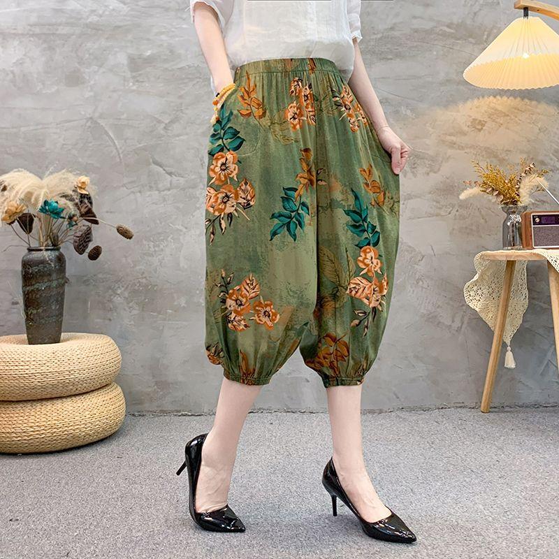 

Летние ретро свободные эластичные шаровары с высокой талией этнический принт брюки-фонарики для женщин 4XL