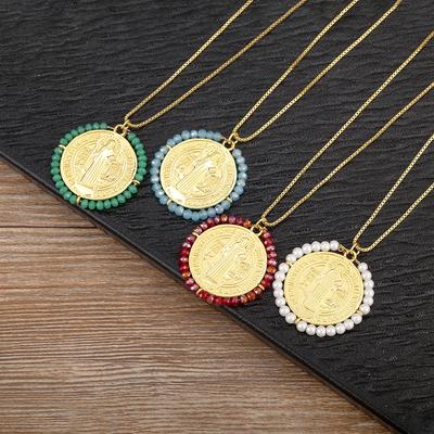 Nidin New Creative Design Round Shape Inlaid Beads Charm Pendant Necklace For Women Men Religious Style Jewelry Accessories Gift