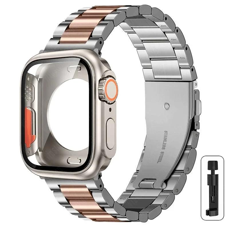 Strap+Case for Apple Watch Band 46mm 42mm 45 41 40 44mm Stainless Steel Bracelet  PC Cover for Iwatch Series11 10 9 8 7 6 SE 5 4